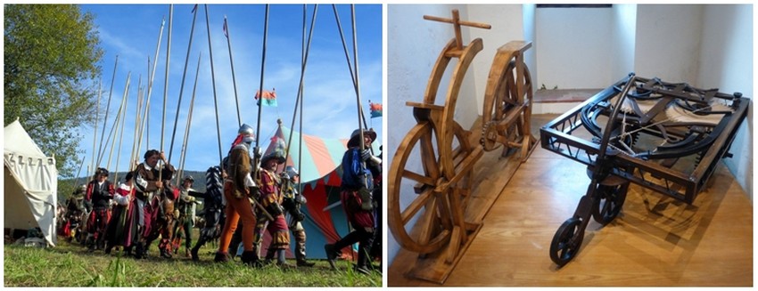 De gauche à droite : Reconstitution Bataille de Marignan dans le Val de Loire; Maquette d'après les travaux de Léonard de Vinci au Clos lucé  (Crédit photo Catherine Gary)