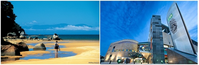 De gauche à droite : Ballade à Onetahuti Beach (Crédit photo Stirling); Wellington : Musée Te Papa Tongarewa . Te Papa est le musée national de la Nouvelle-Zélande. Il est internationalement reconnu comme le chef de file mondial en termes d’innovations et d’expériences interactives pour les visiteurs (Crédit photo DR)