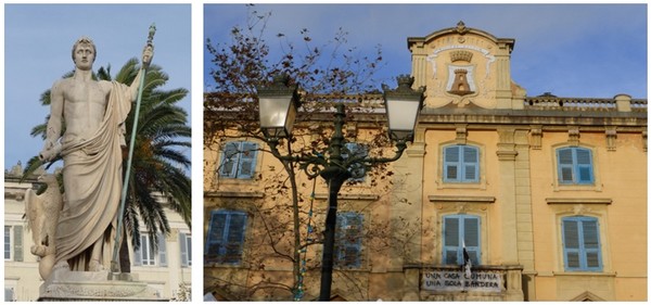 De gauche à droite : Napoléon en Neptune sur la Place Saint Nicolas  (©Catherine Gary); Place du Marché à Bastia (© Catherine Gary)
