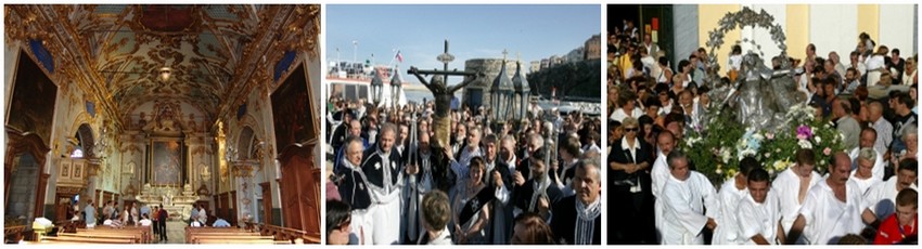 De gauche à droite : Oratoire Sainte-Croix (© Catherine Gary); Photos 2 et 3 : Chaque année le Vendredi saint précédant la fête de Pâques, les pénitents de ces deux confréries entonnent en procession le Perdono mio Dio habillés de noir, tandis que dans la citadelle, le Christ noir, sorti de sa châsse, est porté par d’autres pénitents, pieds nus, cagoulés de blanc. (© DR)