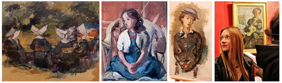 Quatre toiles de David Seifert, de gauche à droite : les bonnes soeurs; Fillette au fauteuil et à la robe bleue (1933); Portrait de femme ; (© DR); Une admiratrice lors du vernissage à la Galerie Les Montparnos (© David Raynal)