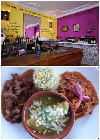 De haut en bas : 1/  le bar du Besame Mucho. Le restaurant joliment décoré et vivement coloré de Paul et Désirée vaut plus qu’un détour dans le XVè arrondissement de Paris. (Crédit photo Catherine Gary); 2/  Assortiment poulet bibil, bœuf au chile morita et tamal cuiteà la vapeur. (Crédit photo Catherine Gary)