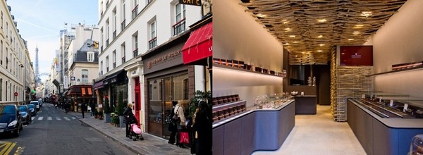 La troisième boutique de la Maison Le Roux à Paris, au pied de la Tour Eiffel. La réalisation de cet espace de vente est pour la première fois confiée à Kengo Kuma, architecte japonais de renommée internationale, et à Shuhei Hasado, un artiste-maçon japonais. (Crédit photos D.R.)