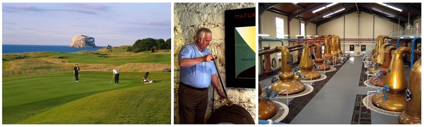Golf en Ecosse (Crédit photo David Raynal) ; Distillerie à Oban (Ecosse) ;Glenfiddich Alambics  - Antonin Marcel Licence CC - (Crédit photo DR)