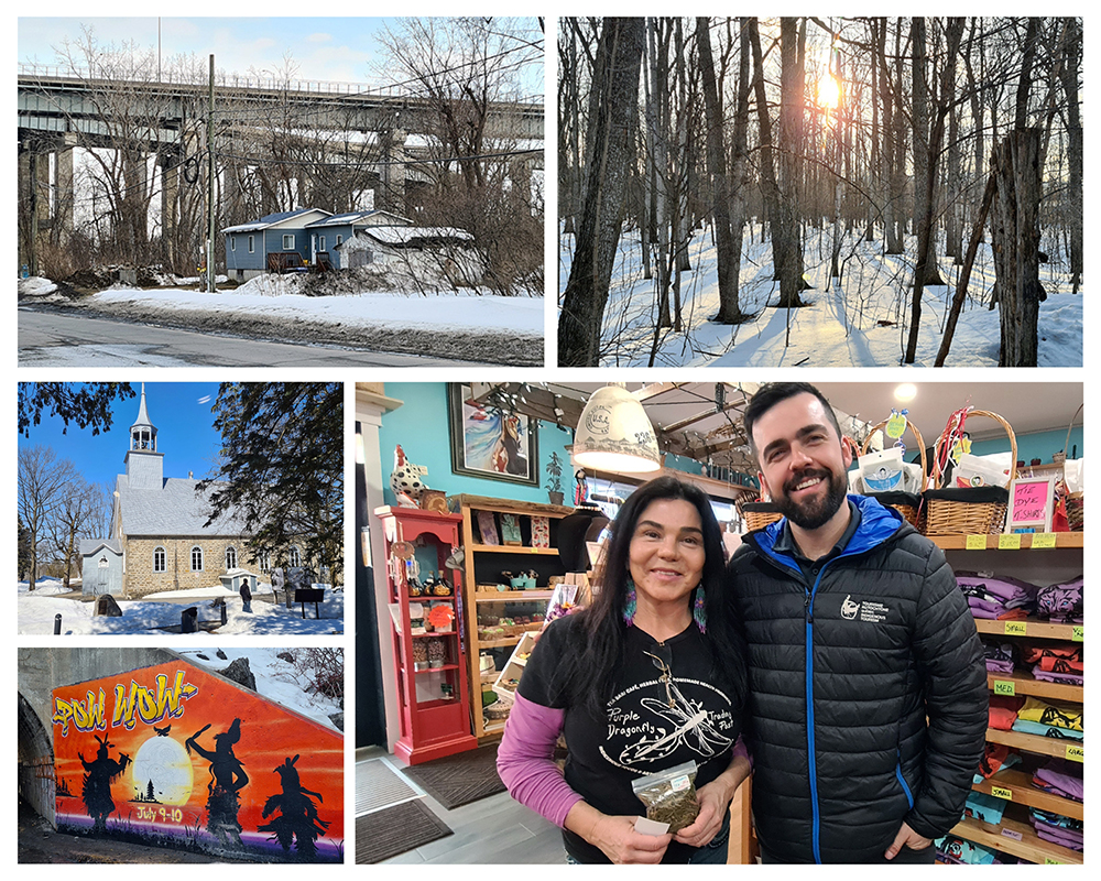 Andrew Germain Gros-Louis, responsable de Tourisme Autochtone Québec en compagnie de Skekon la directrice de la boutique d’artisanat The Purple Dragon Fly de Kahnawake. Une vue de l'église d'Odanak sous la neige @ David Raynal.