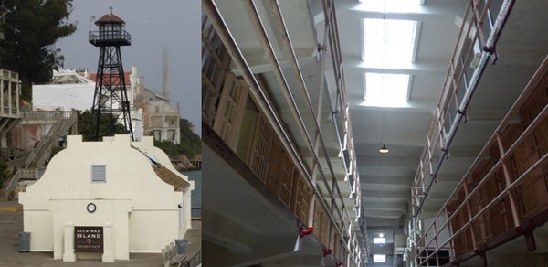 De gauche à droite : L'arrivée  dans la prison d'Alcatraz et vue sur l' enfilade des cellules haute sécurité  © Catherine Gary
