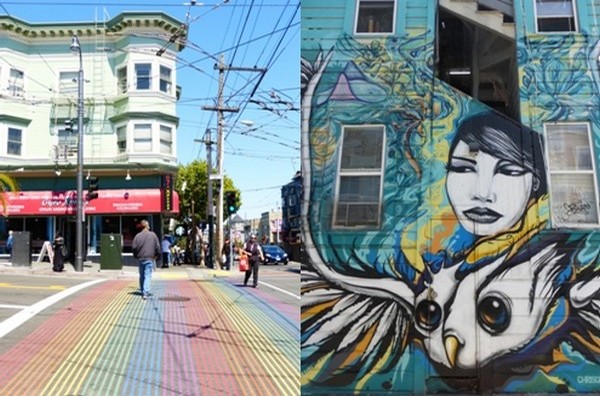 De gauche à droite : A castro les couleurs de la communauté gay s'affichent et à Mission le street art anime de nombreux murs.  © Catherine Gary