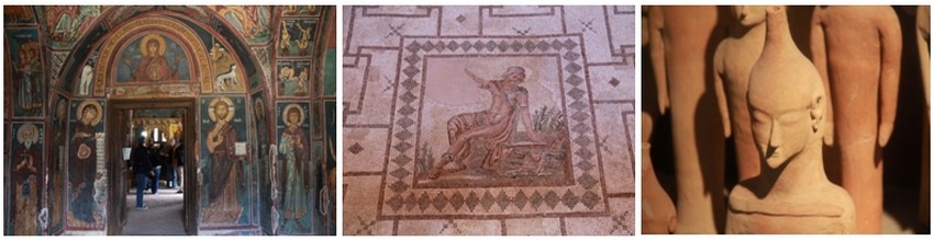 De gauche à droite : L’église byzantine Panagia tis Asinou, classée au Patrimoine mondial de l’UNESCO, dans la région du Troodos © P. Cros ; Les mosaïques de Paphos (2ème au 5ème siècle de notre ère) ornaient les sols des villas de riches romains. Elles sont inscrites au patrimoine mondial de l’UNESCO © Patrick Cros ; Figurine du 6ème siècle av. J.C. au Musée Archéologique de Chypre © P. Cros De gauche à droite : L’église byzantine Panagia tis Asinou, classée au Patrimoine mondial de l’UNESCO, dans la région du Troodos © P. Cros ; Les mosaïques de Paphos (2ème au 5ème siècle de notre ère) ornaient les sols des villas de riches romains. Elles sont inscrites au patrimoine mondial de l’UNESCO © Patrick Cros ; Figurine du 6ème siècle av. J.C. au Musée Archéologique de Chypre © P. Cros