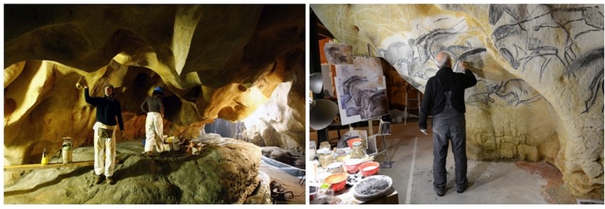 De gauche à droite : Edouardo peintre-patineur de AAB dans la zone 3 de la Caverne-du-Pont-dArc-©-SYCPA-; Atelierde Gilles Tosello à Toulouse@Carole Fritz