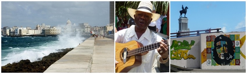 1/ Le Malecon, symbole flamboyant de la capitale cubaine  © DR ; 2/ La musique à Cuba est ommniprésente © Catherine Gary  3/ La Havane fidèle au Ché © Catherine Gary