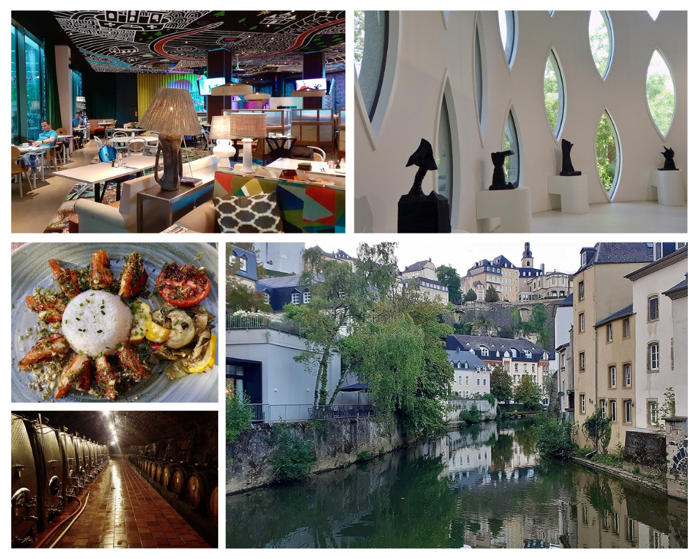 1/ Le Mama Schelter 2/ Régal au Bistrot Gourmand de Remerschen 3/ Les caves Saint Martin à Remich /4 Fondation Valentiny /5 La ville basse en bord de l'Alzette © Catherine Gary 1/ Le Mama Schelter 2/ Régal au Bistrot Gourmand de Remerschen 3/ Les caves Saint Martin à Remich /4 Fondation Valentiny /5 La ville basse en bord de l'Alzette © Catherine Gary