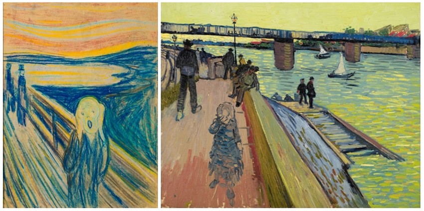 © “Le Cri“ de Edvard Munch, 1893. Musée Munch, Oslo.  “Le Pont à Trinquetaille“ de Vincent van Gogh, 1888.