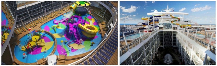 Ce paquebot de nouvelle génération proposera un parc aquatique interactif, destiné aux enfants et aux tout-petits. Adolescents et adultes  découvriront un toboggan géant haut d’une dizaine de mètres .(Crédit photos DR)