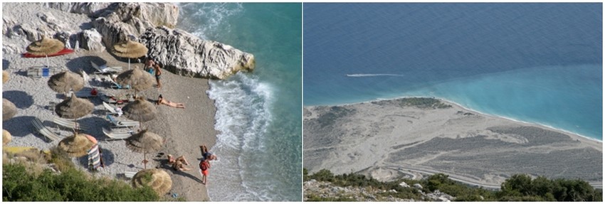 De gauche à droite : 1/ &gt; A Jalë, la Jeunesse Albanaise locale et issue de la diaspora se retrouve sur les plages des stations balnéaires. © Richard Bayon / 2/Devant les Côtes Albanaises dans ce qu'on appelle le Canal d'Otrante, la Mer ADRIATIQUE embrasse la Mer EGEE. © Richard Bayon