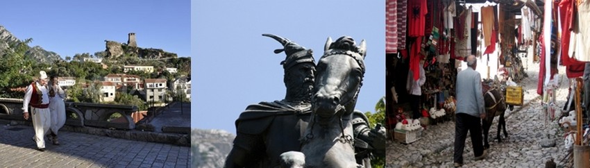 De gauche à droite : 1/ KRUJE village médieval haut perché et ses ruelles historiques, pavées et tortueuses. © DR. 2/KRUJE village historique perché, la statue de SKANDERBERG libérateur du Joug Ottoman trône sur son cheval. © Richard Bayon 3/ ; A KRUJE, le bazar est un héritage de l'occupation Ottomane. © Richard Bayon.