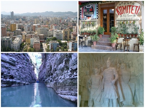 En haut à gauche : le centre ville de Tirana vue depuis les toits ;  © Richard Bayon.2/ Un café traditionnel situé à Tirana © Richard Bayon.; Les gorges nombreuses en Albanie idéales pour faire du rafting © DR. ; 4/ L'une des oeuvres exposée au  Musée National de Skanderbeg (Albanie) © DR.