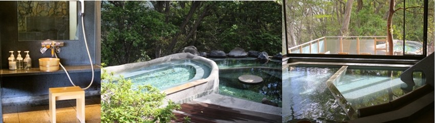 Le Madoka no Mori utilise l’eau de sources chaude « volcaniques » pour alimenter des bains privés.On se lave d’abord dans des box ouverts, équipés de douche et petit seau en bois, puis on s’abandonne avec délice dans la douceur des bains, face au calme d’un paysage somptueux.  © Mathis Cros. Le Madoka no Mori utilise l’eau de sources chaude « volcaniques » pour alimenter des bains privés.On se lave d’abord dans des box ouverts, équipés de douche et petit seau en bois, puis on s’abandonne avec délice dans la douceur des bains, face au calme d’un paysage somptueux.  © Mathis Cros.