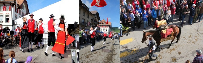 Ambiance festive lors de la désalpe qui marque la fin des travaux et la paye pour les armaillis. A planfayon, toutes les activités traditionnelles sont présentes : lancer de drapeau, cor des Alpes, orchestre, danses  avec le groupe folklorique, Trachtengruppe de Düdingen, chants Yodl etc...  © André Degon