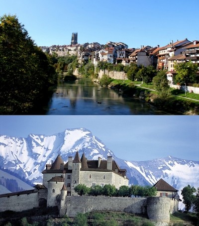 Photo du haut : Fribourg, La sarine au pied e la ville haute  © André Degon ; En bas : A visiter sans modération le Château de Gruyères (Suisse) surplombant la petite ville médiévale située dans le canton de Vaud  © DR