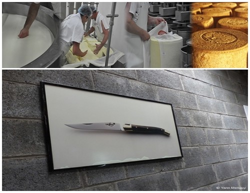 Fabrication du fromage à la coopérative Fromagère Jeune Montagne  © DR ;  Au musée de Laguiole s'exposent les couteaux de la marque. © Yann Menguy