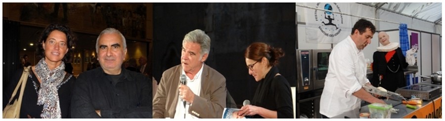 De gauche à droite : Tonino Benacquista a présidé le salon du livre 2015. © Bertrand Munier; Georges Pernoud ou la grande saga de l’émission télévisuelle Thalassa. © Bertrand Munier ; La gastronomie a le vent en poupe au Fig. © Bertrand Munier