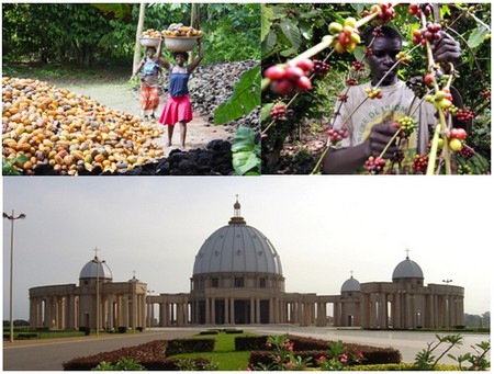 Photos 1 et 2/ Sur la route du cacao et du café  © DR ; 3/ Basilique Notre Dame de la Paix de Yamoussoukro  © DR