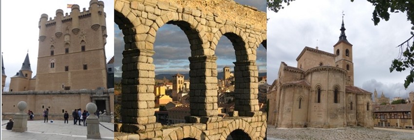 A Ségovie,  l’Alcazar un site défensif exceptionnel.  © Catherine Gary ; Les 166 arches de l’aqueduc romain, 38 mètres de haut  © Catherine Gary;  San Millan, la petite église romane située au cœur de la ville. © Catherine Gary