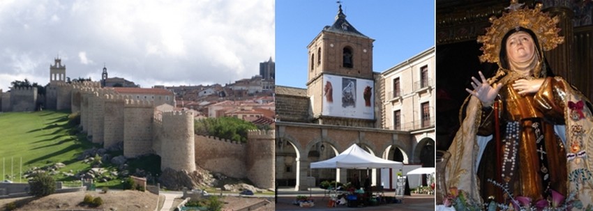 Les remparts de la spirituelle Avila dressés sur la colline  © Catherine Gary ;  La place du marché où chaque matin les étals regorgent de produits frais  © Catherine Gary ;  Sculpture du XVIIè siècle de Sainte Thérèse d'Avila . © Catherine Gary