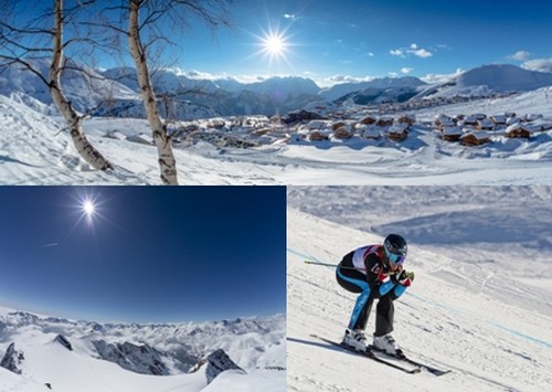 En haut vue panoramique de la station de ski de l'Alpe d'Huez © L.Salino; Son point fort est incontestablement le panorama du Pic Blanc qui culmine à 3330 mètres d’altitude, accessible grâce au téléphérique des Grandes Rousses © L.Salino;  Ophélie David, championne de ski-cross en pleine descente © L.Salino