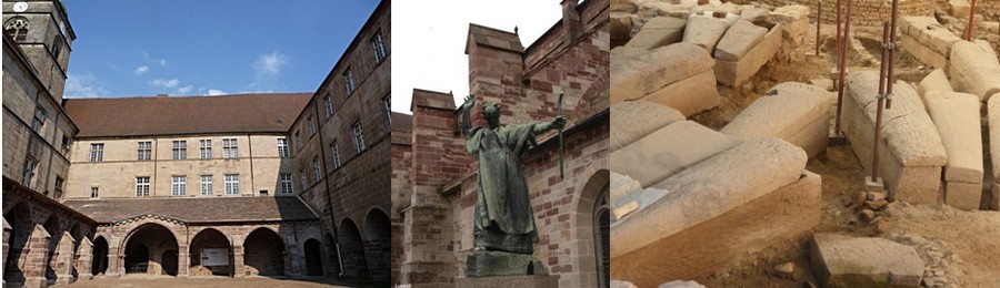 Le monastère de Luxeuil fondé par le moine irlandais Saint-Colomban; Découverte en pleine ville d' une crypte mérovingienne avec tout autour plus de cent vingt-cinq sarcophages en pierre dure parfaitement conservés et que tout visiteur peut admirer à l’air libre aujourd’hui.  © Catherine Gary