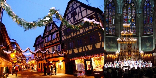 A gauche Obernai (Alsace) pendant les fêtes de Noël   © Catherine Gary;  La messe de Noël d'Obernai célébrée sous le lustre composé de boules de Noël soufflées à Meisenthal  © Catherine Gary