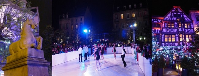 Saverne (Alsace) : La licorne, emblème de la ville  © Catherine Gary;Patinoire de Saverne  ©  Sébastien Hopfner; Sentier des Lumières en centre ville historique  © Catherine Gary