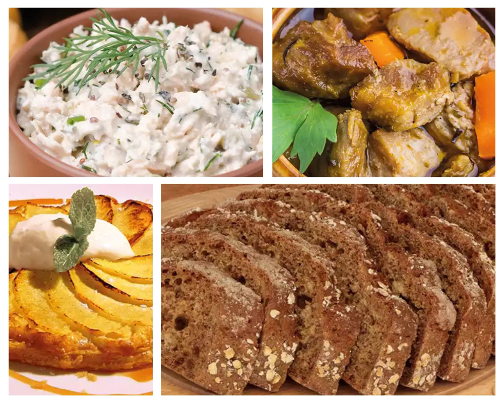 De gauche à droite, Le pâté de saumon fumé, délicatement relevé de raifort et de citron,  le ragoût de bœuf à la Guinness, tartes aux pommes d’Armagh, nappées d’un caramel doré,  Le soda bread, pain rustique au goût légèrement acidulé  © Visitez irlande-tourisme.fr - Découvrez l'Irlande De gauche à droite, Le pâté de saumon fumé, délicatement relevé de raifort et de citron,  le ragoût de bœuf à la Guinness, tartes aux pommes d’Armagh, nappées d’un caramel doré,  Le soda bread, pain rustique au goût légèrement acidulé  © Visitez irlande-tourisme.fr - Découvrez l'Irlande