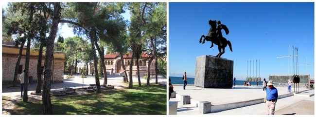 Thessalonique, Jardins du monastère des Vlatades © André Degon ; Et la statue d'Alexandre le Grand sur la promenade © André Degon