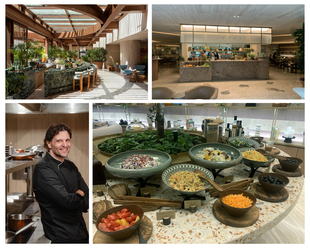 Un vaste îlot central baptisé « Aroma » abrite cuisines et cuisiniers visibles partiellement depuis les différentes salles @ SIX SENSES ROME/ Richard BAYON (RBB Presse). Un vaste îlot central baptisé « Aroma » abrite cuisines et cuisiniers visibles partiellement depuis les différentes salles @ SIX SENSES ROME/ Richard BAYON (RBB Presse).