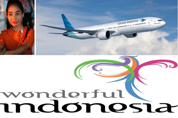 Une très jolie Hôtesse de la Cie d'aviation Garuda Indonésia ; 2/ Logo office de tourisme Indonésia.  O.T. Indonésia