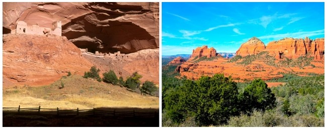 De gauche à droite : 1/ Les Hohokums vivaient en Arizona près de Phoenix et édifiaient des tumulus © Arizona-tourisme; 2/ terres sacrées des Indiens : Nouveau-Mexique, Arizona, Névada et Californie.© Arizona-tourisme