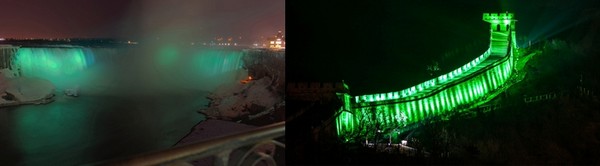 Les célèbres Chutes du Niagara aux couleurs de la Saint-Patrick. C'est un grand moment. © www.ireland.com ; Photo de droite : La Grande Muraille de Chine a voulu aussi se parer de vert. Le résultat est tout simplement magnifique. © www.ireland.com