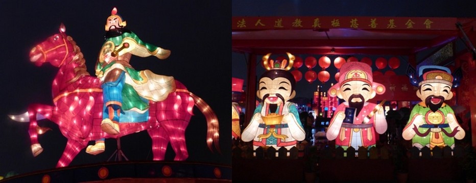 un cavalier à l’air sévère perché sur son cheval qui se cabre  et héros de  mangas. Un étonnant syncrétisme de ces effigies dominées bien sûr par le singe, le signe du calendrier chinois de cette nouvelle année.   © Catherine Gary