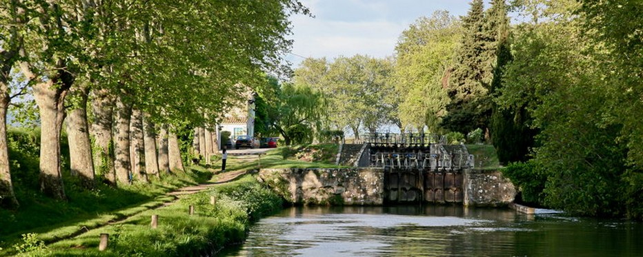 Entre les écluses d’Argens (petit village du Minervois) et de Fonsérannes (aux portes de Béziers), le canal du Midi serpente librement entre les platanes  © OT Canal du Midi