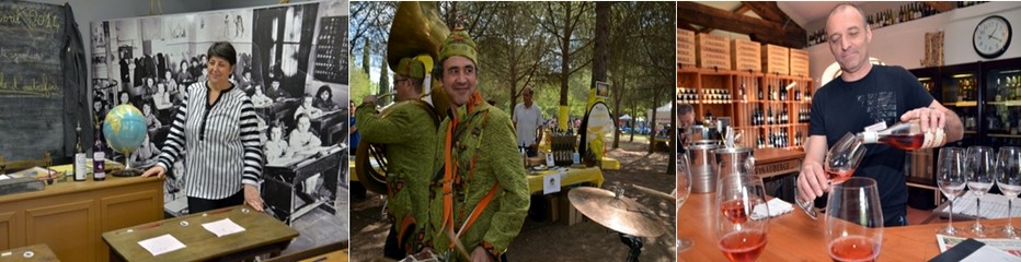 De gauche à droite : Dans  l’écomusée de Puisserguier  l'association "Les Mémoires de Puisserguier" a rassemblé des objets de la vie au siècle dernier, dans l'ancienne école publique du village ; La fête à Montpellier ; Vinauberge est une vitrine de présentation des vins du Languedoc-Roussillon à l’emplacement de l’ancienne Cave Coopérative de Poilhes. Photos et  © David Raynal