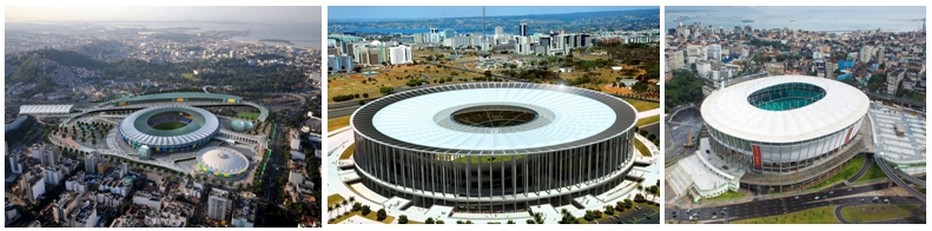 De gauche à droite tous les grands stades prêts pour les Jeux de Rio 2016 : Stade de Rio de Janeiro ;  Le célèbre stade Mané Garrincha dessiné par l’architecte Oscar Niemeyer ;  Le grand stade de Salvador de Bahia;  (Copyright www.rio2016.com/fr)