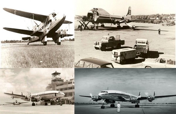 Les différents avions qui ont marqué l'histoire de la compagnie Aer Lingus : En haut à gauche : DH 86a EI-ABK Eire; à droite : Aer Lingus Carvair aircraft circa 1960s; En bas à gauche : DAP 1947-48 ; A droite : 1950s transatlantic flight ; © Archives Aer Lingus