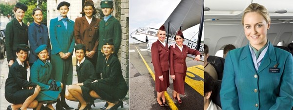 Une photo qui rappelle toutes les couleurs et les formes des costumes des hôtesses d'Aer Lingus, des plus anciens aux plus récents. Photo gauche © Archives Aer Lingus; Photos 2 et 3/ © David Raynal