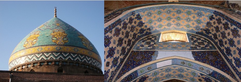 Le magnifique dôme de la Mosquée Bleue ou Masjed-e kaboud et le détail des mosaïques : cette mosquée a été construite par un souverain turc des Moutons Noirs, Djahân Shâh (1439-67). Terminée en 1465, la mosquée bleue se visite en particulier pour son décor en mosaïque de céramique émaillée, l’un des plus beaux de l’art islamique iranien © Galerie Iran