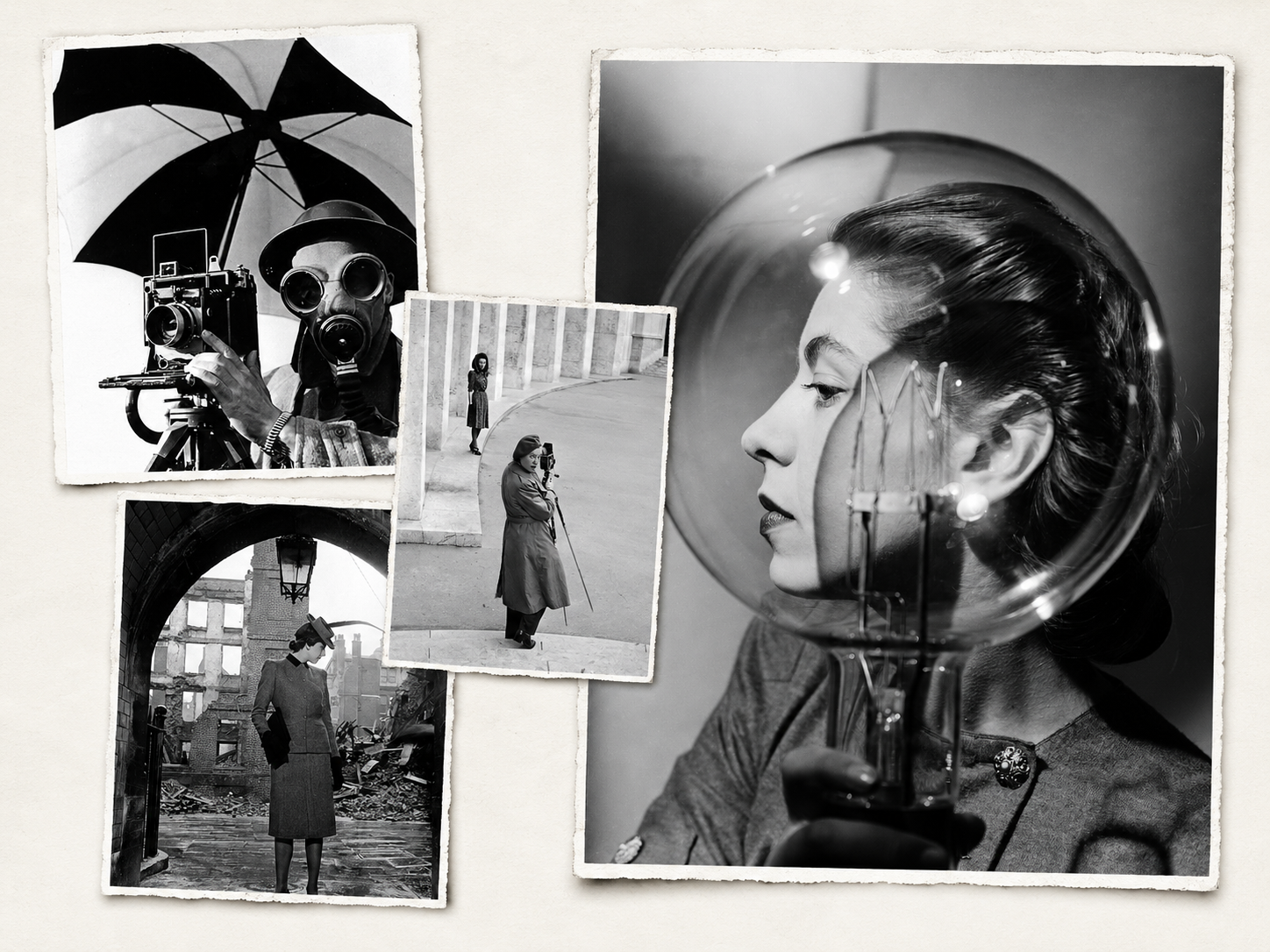 1- Photographe inconnu. Lee Miller avec son appareil lors d’une séance photo Schiaparelli pour Vogue. Lee Miller with camera on Schiaparelli fashion assignment for Vogue Musée d’Art Moderne, Paris 1945 © Lee Miller Archives England 2026. All Rights Reserved.  2- Lee Miller. Modèle avec ampoule. Model with lightbulb. Vogue studio, Londres vers 1943 © Lee Miller Archives England 2026. All Rights Reserved.  3- Lee Miller. Mannequin (Elizabeth Cowell) portant une tenue de Digby Morton Model Elizabeth Cowell wearing Digby Morton Suit Middle Temple, Londres 1941 © Lee Miller Archives England 2026. All Rights Reserved.  4- Lee Miller. Le photographe David E. Scherman habillé pour la guerre David E. Scherman, dressed for war Dean House, 4 Dean Street, Londres 1942 © Lee Miller Archives England 2026. All Rights Reserved.