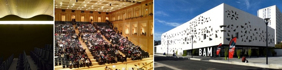 De gauche à droite : Le magnifique auditorium du Centre Pompidou-Metz © OT Metz ; A l'intérieur de  l'ancien Arsenal se trouve l' un des plus beaux auditoriums d’Europe © Diligent ; La « BAM », la Boîte à musique, consacrée aux musiques actuelles © OT Metz;