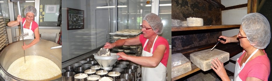 Le caillé, une des étapes de la fabrication du fromage…. ©Bertrand Munier; Le moulage par Joëlle Curien : le caillé est transféré dans les moules. ©Bertrand Munier; Carottage du « Cœur de Massif » par Joëlle Curien. Un fromage qui sera disponible prochainement à la vente. ©Bertrand Munier