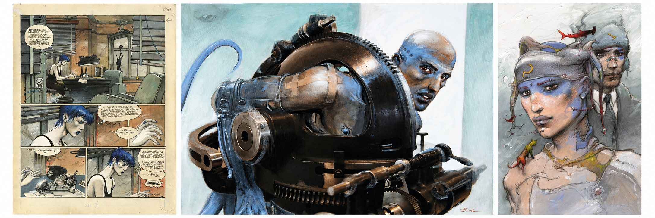 Le Fond de la forme 2026 © Enki Bilal.  Mécanhumanimal 2013 © Enki Bilal.  La Femme piège. Éd. Casterman, 1986 © Enki Bilal.