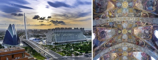 L'ensemble de la Cité des Arts et des Sciences © www.visitvalencia.com ; A l’église San Nicolas on peut admirer le plafonds récemment découverts sous le plâtre et que l’on compare à ceux de la Sixtine.© Catherine Gary